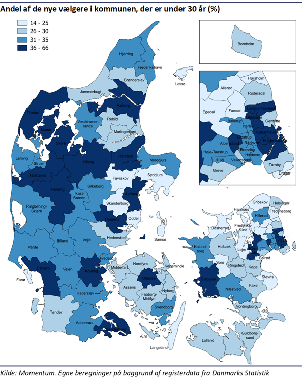 Danmarkskort der viser andelen af de nye vælgere i kommunen, der er under 30 år