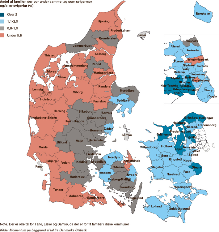 Danmarkskort der viser forskellene kommunerne imellem ift. andel af familier, der bor under samme tag som svigermor og/eller svigerfar