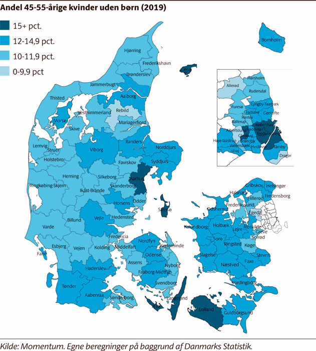 Danmarkskort, der viser, hvor stor en andel af de 45-55-årige kvinder, der er barnløse i de enkelte kommuner.