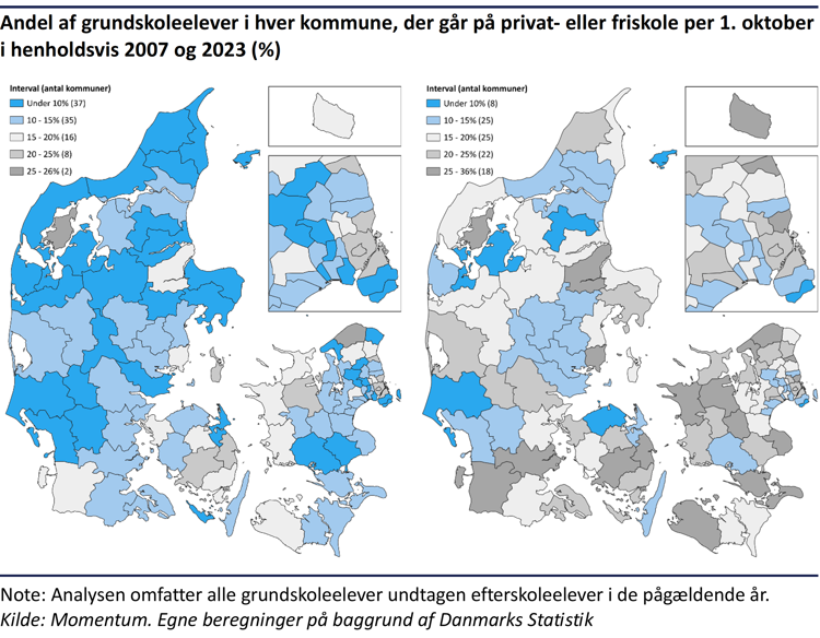 Kommunalopdelte kort der viser andelen af grundskoleelever i hver kommune, der går på fri- eller privatskole i 2007 og 2023