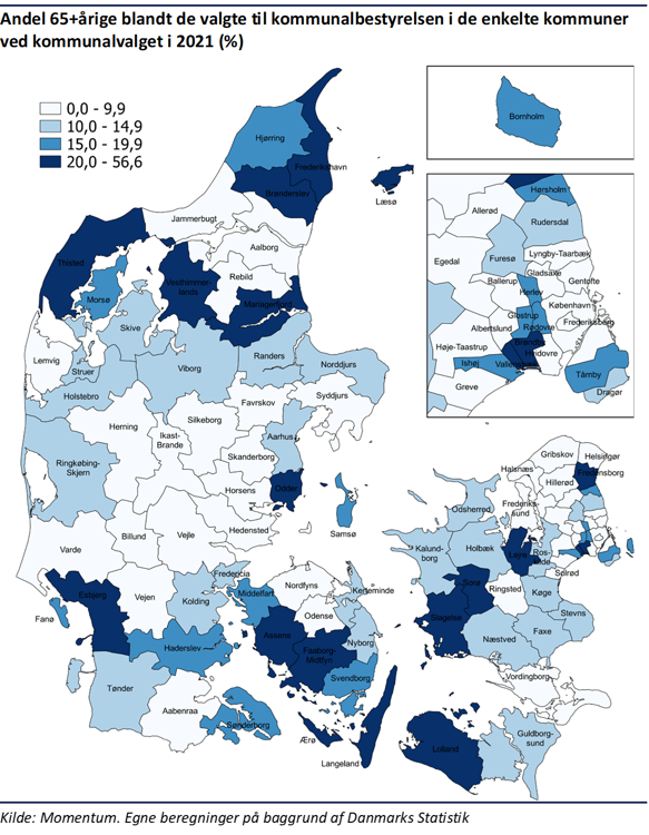Kommunalopdelt Danmarkskort der viser andelen af kommunalbestyrelsesmedlemmer der 65+ da de blev valgt ved kommunalvalget i 2021.